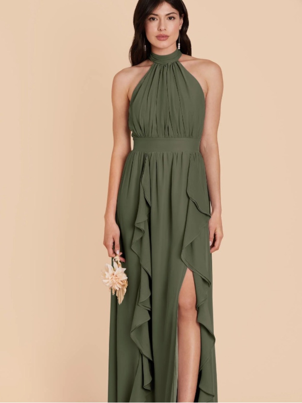 Birdy Grey Olive Halter Ruffled Maxi Dress